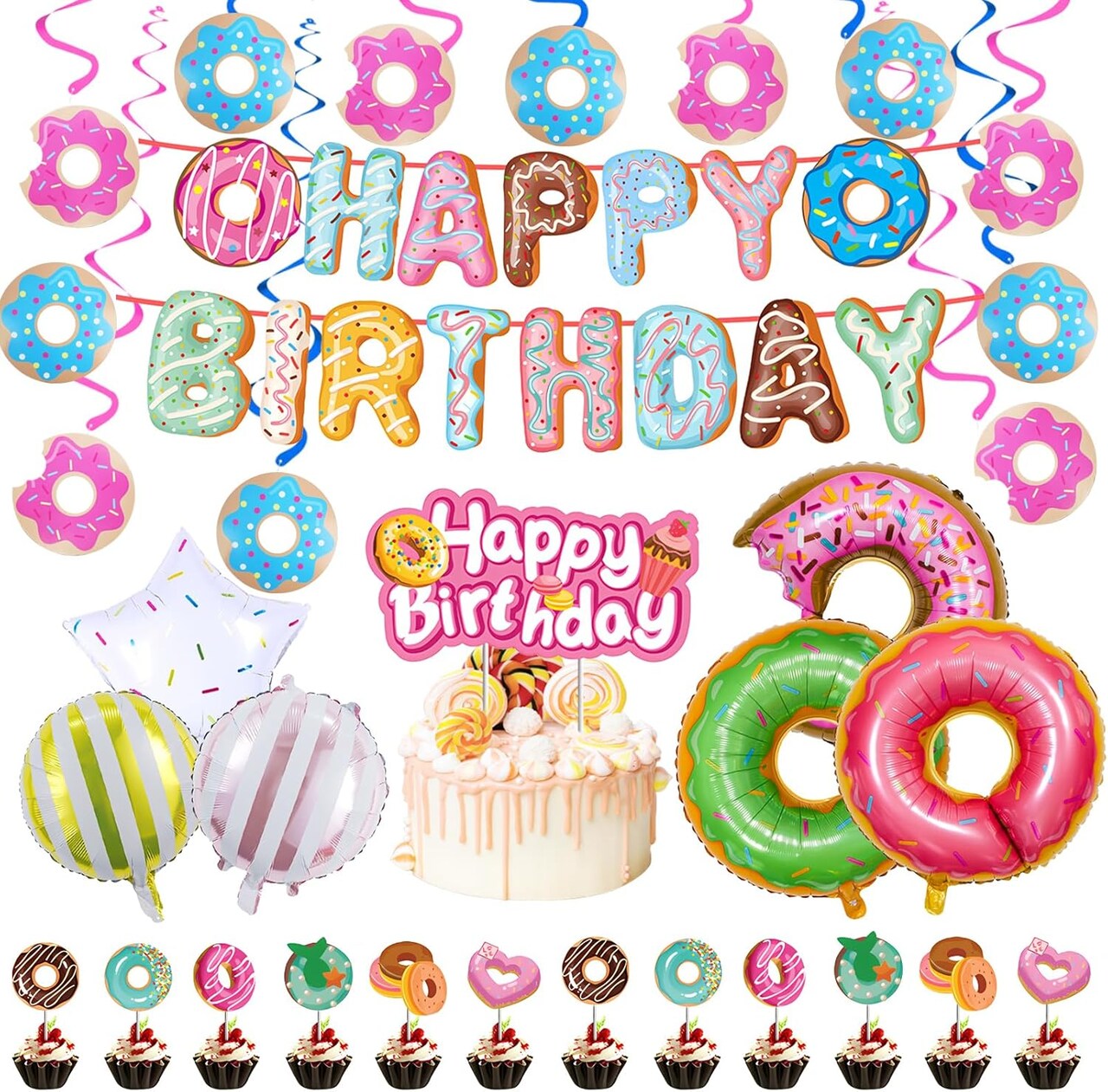 60 Pcs Candyland Party Decorations, Donut Party Supplies with Happy Birthday Banner, Cake Topper, Swirls, and Balloons